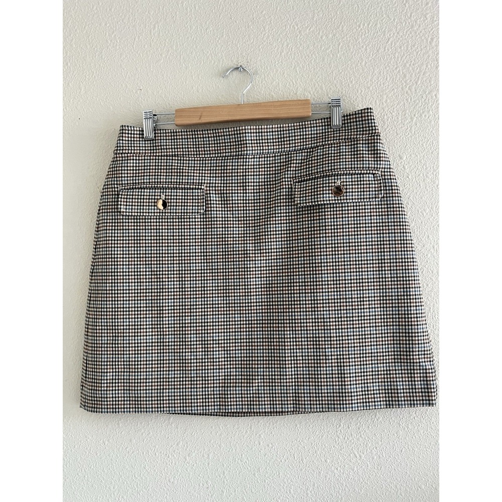 LOFT Womens 12 Plaid Mini Skirt Brown Blue Flap Pockets Preppy Dark Academia